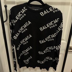 Balenciaga Black Crewneck Sweater with White Logo Jacquard